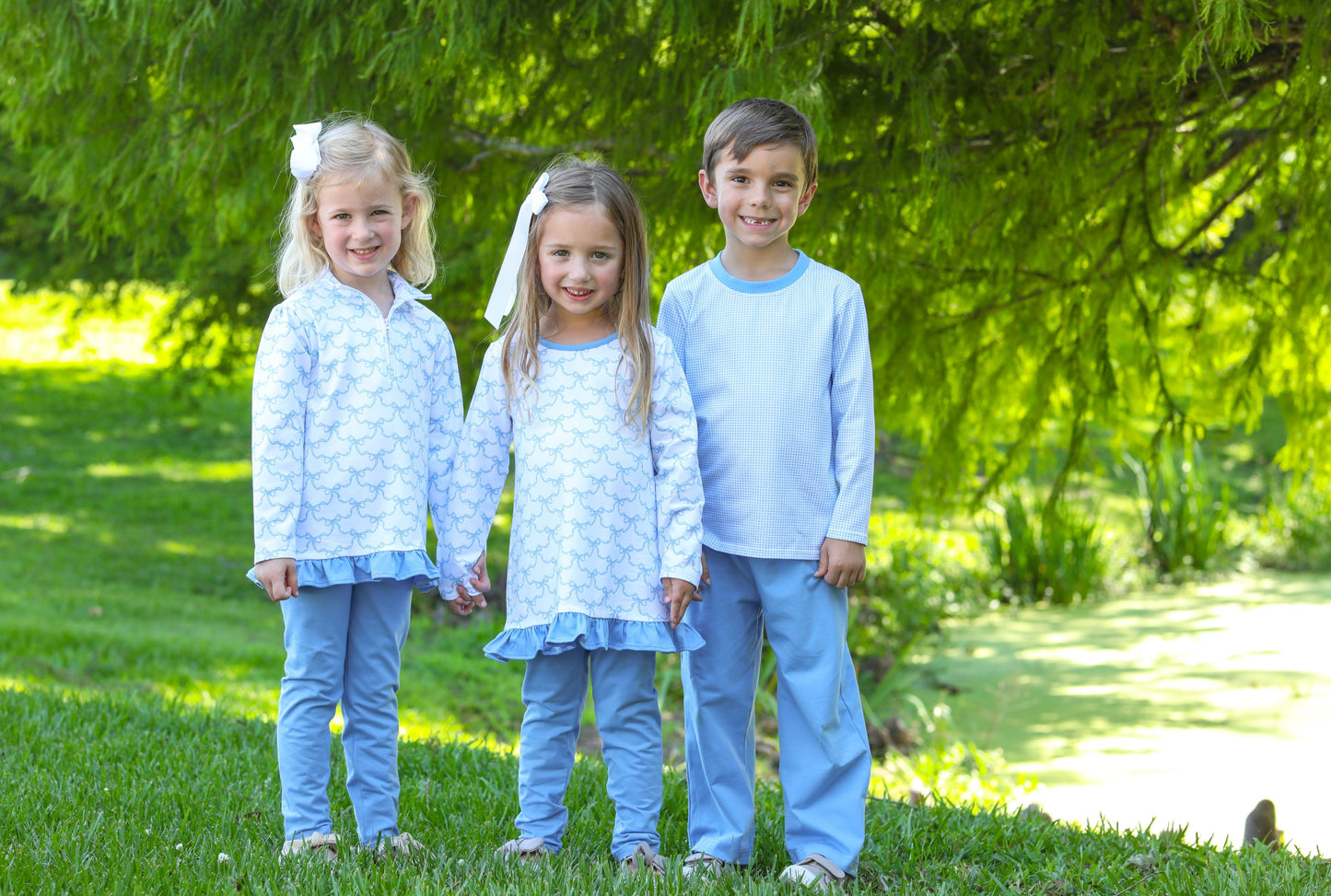 Blue Trellis Bow Pullover Set