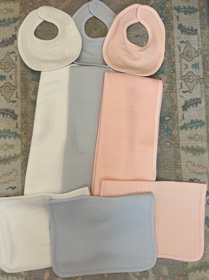Plush Pearl Luxury Baby Bib, Burp, or Blanket or full set PINK, BLUE,WHITE