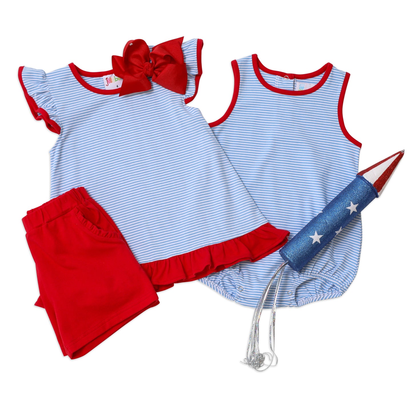 Blue Stripe and Red ruffled short Set