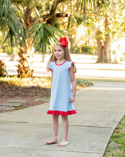 Blue Stripe and Red Dress
