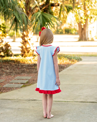 Blue Stripe and Red Dress