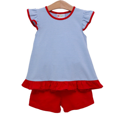 Blue Stripe and Red ruffled short Set