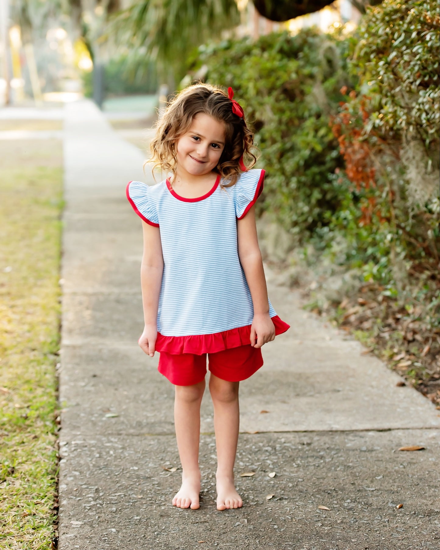 Blue Stripe and Red ruffled short Set