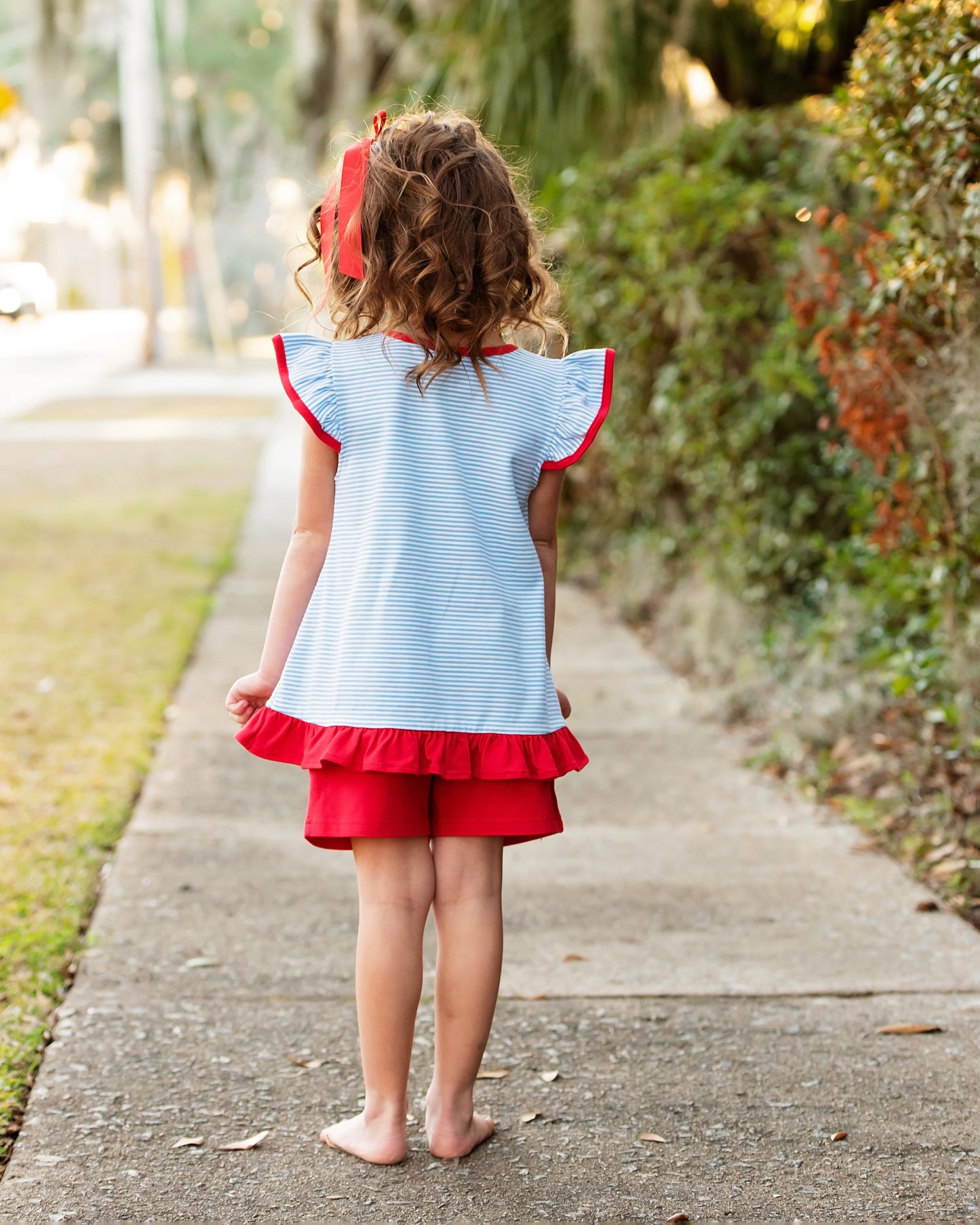 Blue Stripe and Red ruffled short Set