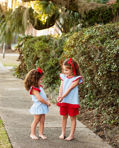 Blue Stripe and Red ruffled short Set