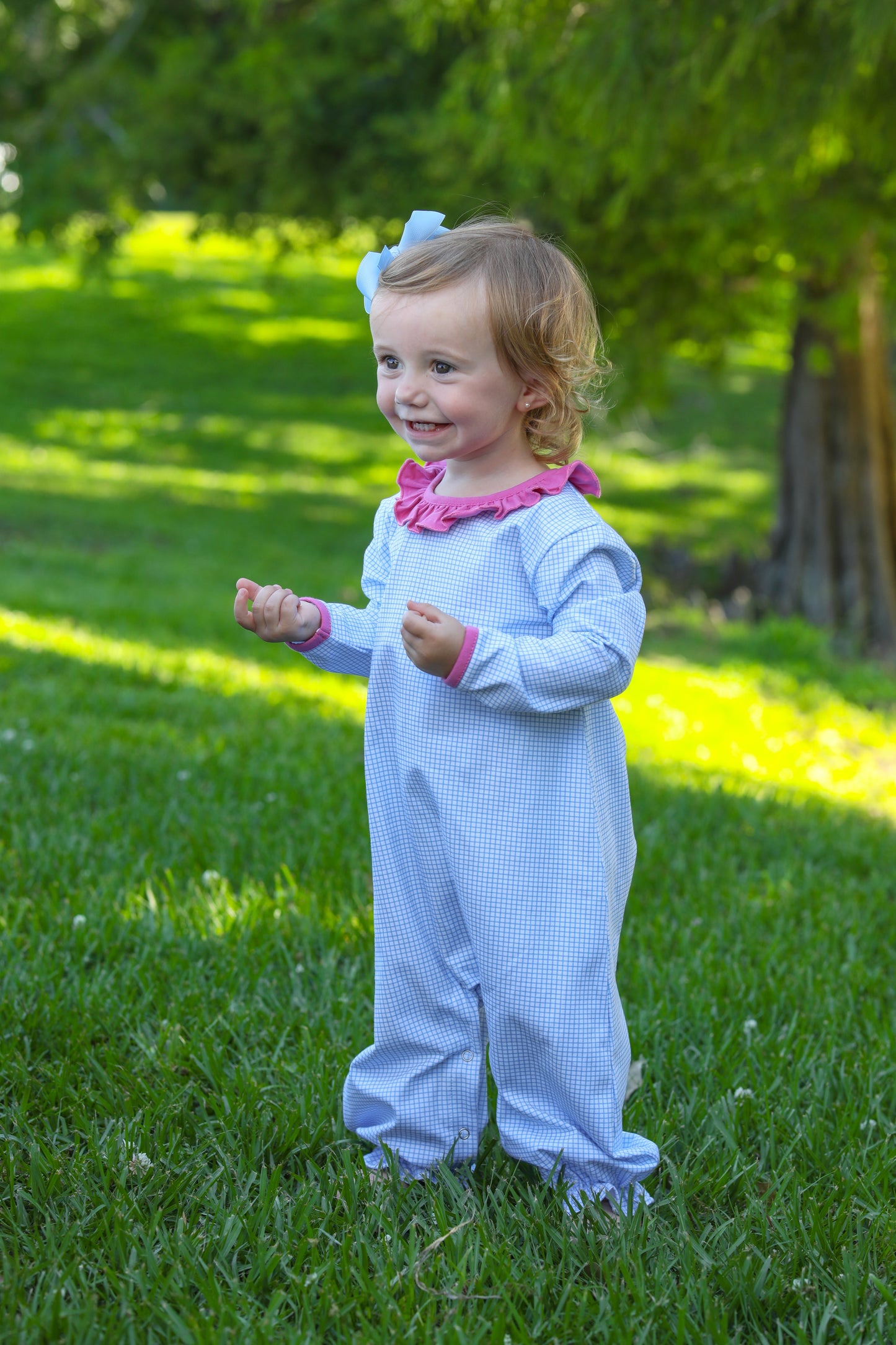 Emily Romper Blue Windowpane and Plum