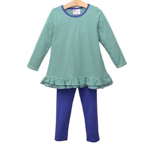 Gemma Pants Set Green Stripe and Royal (sister match to tool set and shirt boy)