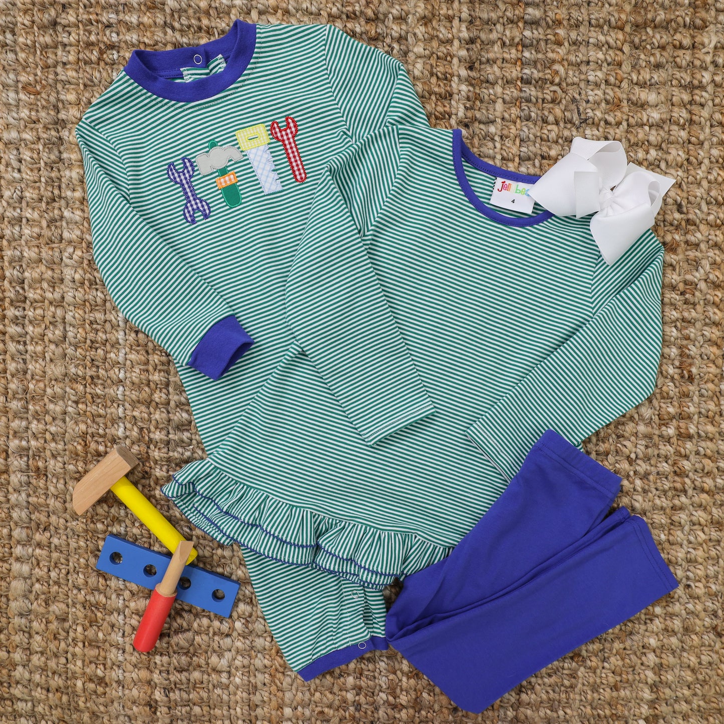 Gemma Pants Set Green Stripe and Royal (sister match to tool set and shirt boy)