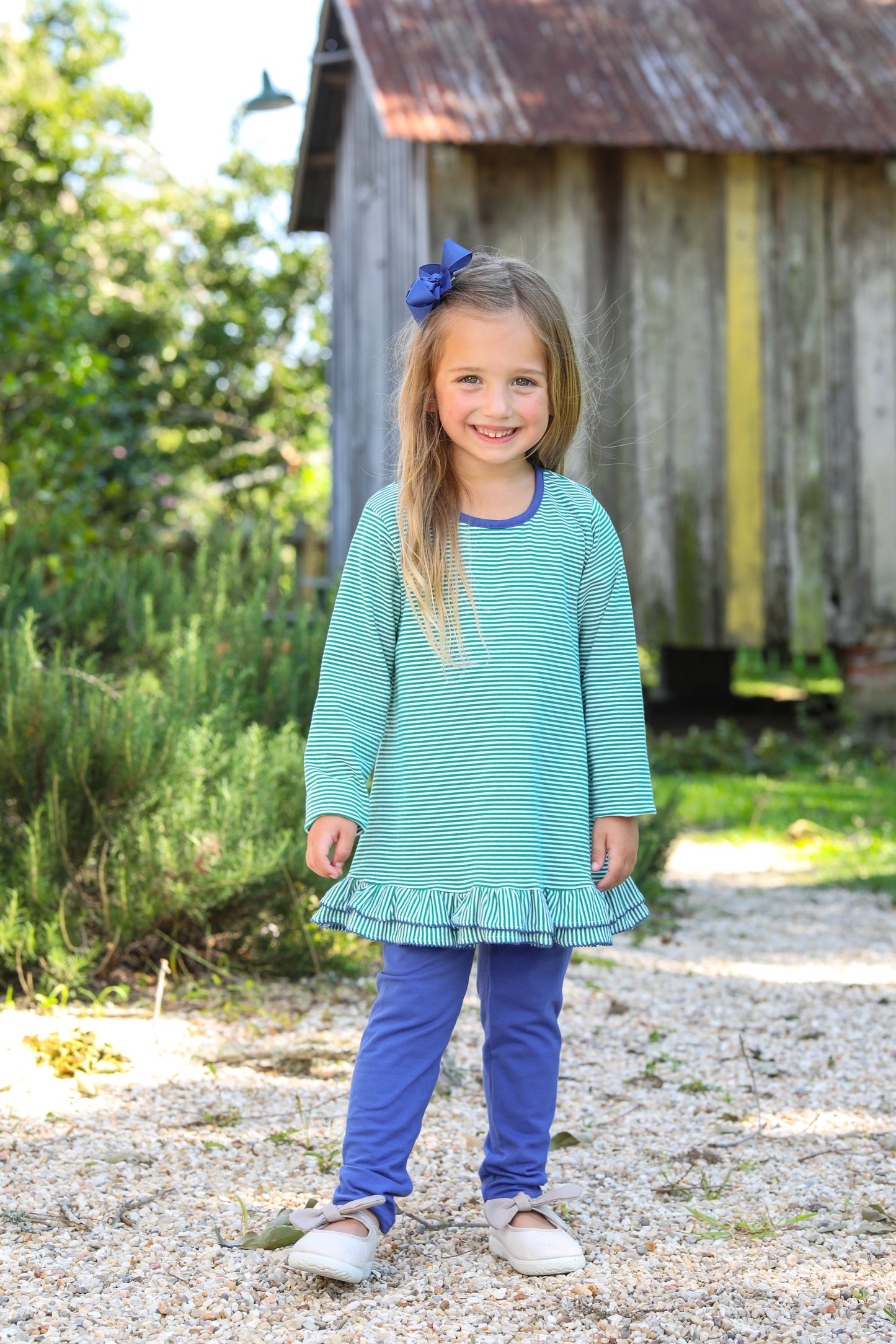 Gemma Pants Set Green Stripe and Royal (sister match to tool set and shirt boy)