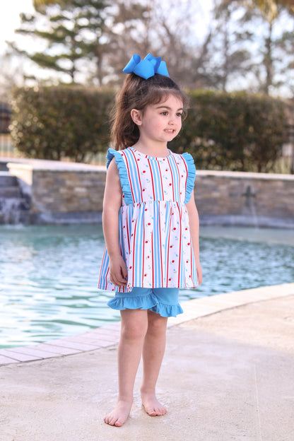 Red, White, and Blue Rosebud Ruffled Short Set