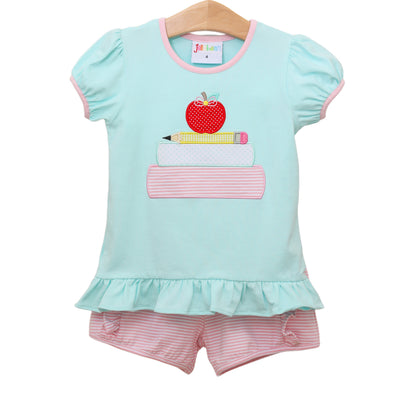 School book stack applique girl short set