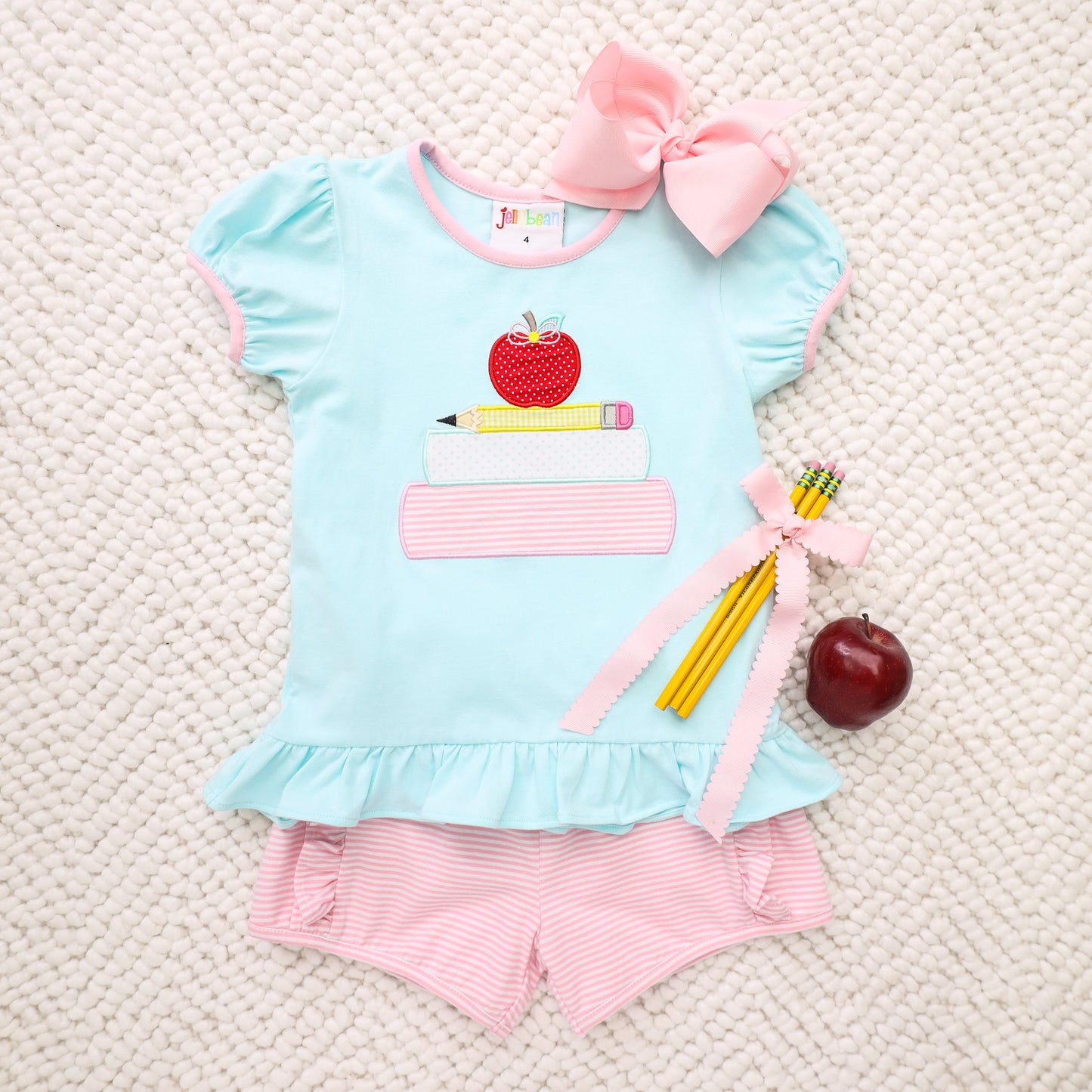 School book stack applique girl short set