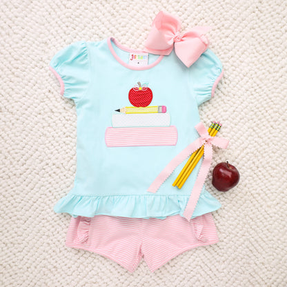 School book stack applique girl short set