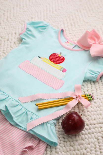 School book stack applique girl short set