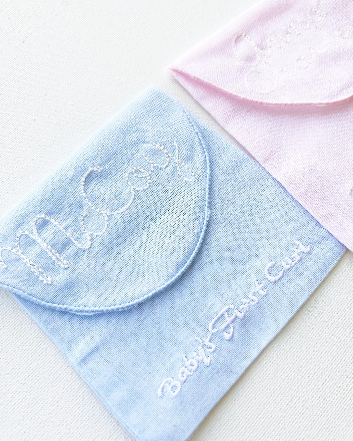 Baby's First Curl Custom Heirloom Linen pouch pink and blue - Tea and Cotton IncTea and Cotton Inc