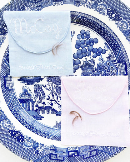 Baby's First Curl Custom Heirloom Linen pouch pink and blue - Tea and Cotton IncTea and Cotton Inc