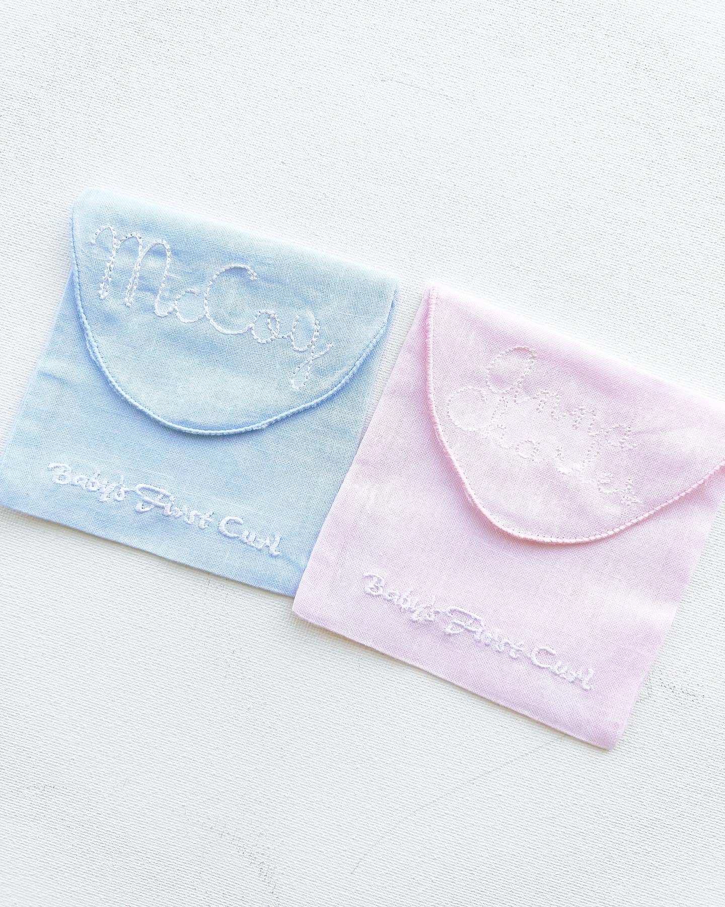 Baby's First Curl Custom Heirloom Linen pouch pink and blue - Tea and Cotton IncTea and Cotton Inc
