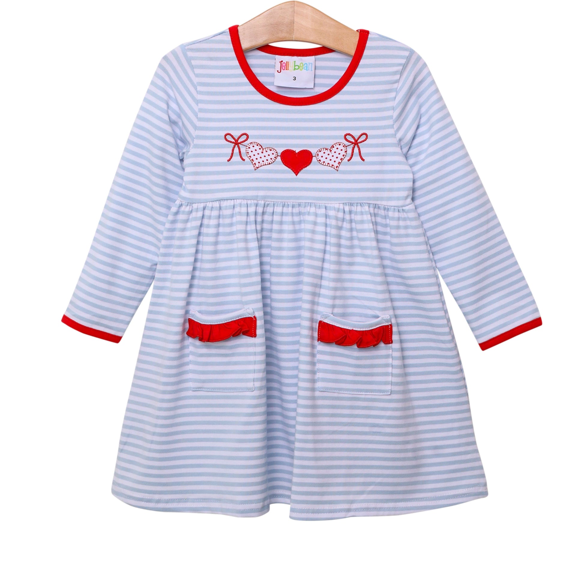 Heart Applique Pocket Dress Baby Blue Stripe and Red - Tea and Cotton IncTea and Cotton Inc