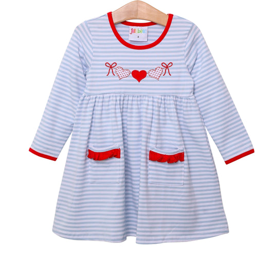 Heart Applique Pocket Dress Baby Blue Stripe and Red - Tea and Cotton IncTea and Cotton Inc